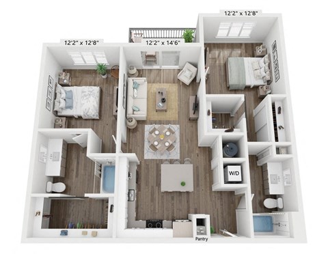 Floor plan for 2 beds, 2 baths, 1166 sqft
